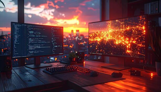 Developer's Workspace Coding at Dusk with Cityscape View, skyline photo