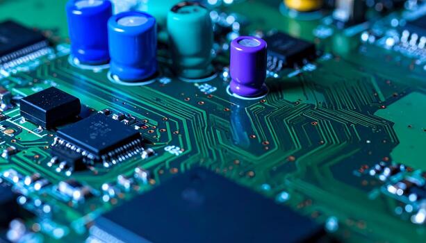Close-up of Computer Circuit Board with Capacitors and Microchips, Electronic Components Macro photo