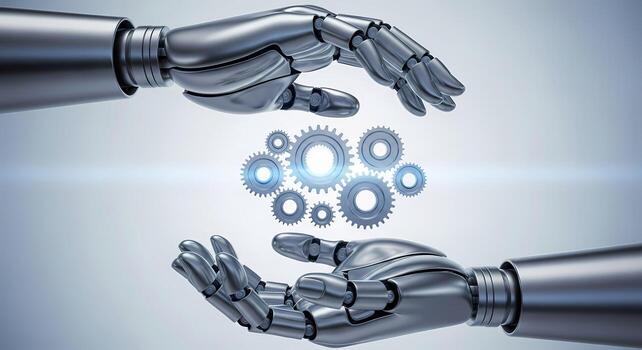 Robotic Hands Holding Interlocking Gears, Symbolizing AI, Automation and Technology, creation photo