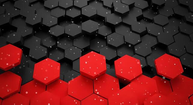 Abstract Dark Red Hexagons Background with Floating Particles and Bokeh Lights, surface photo