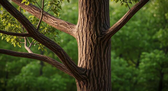 Close-up of Tree Trunk with Textured Bark and Branches in Lush Green Forest, deciduous photo