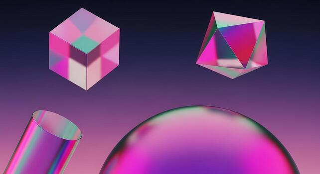 Iridescent Geometric Shapes 3D Render Cube, Octahedron, Cylinder, Sphere, Abstract Background, creative photo