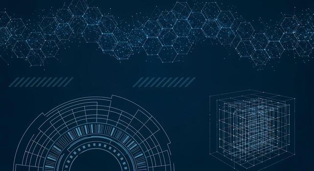 Abstract Technology Network Background with Futuristic Hexagons and Data Cube, molecular photo
