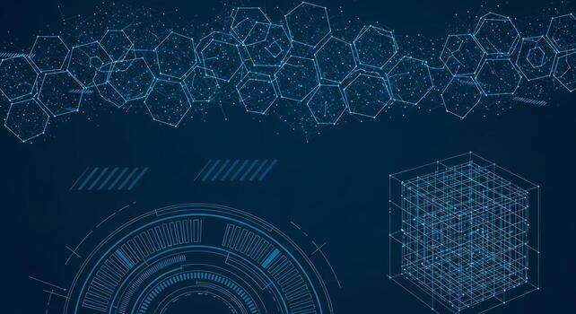 Futuristic Blue Digital Network and Hexagons with 3D Cube, Technology Abstract Background, cyberspace photo