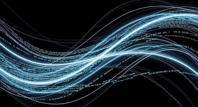 Abstract Blue Data Streams on Black Background, Digital Information Flow, binary photo
