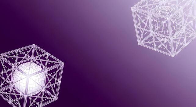 Wireframe Geometric Cube Frame Encasing Sphere, Abstract Technology Concept on Purple Gradient photo