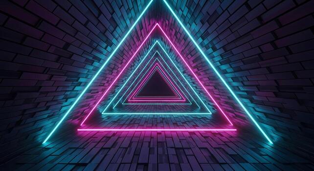 Neon Triangle Tunnel Abstract Futuristic Sci-Fi Background with Cyan and Magenta Lights, perspective photo