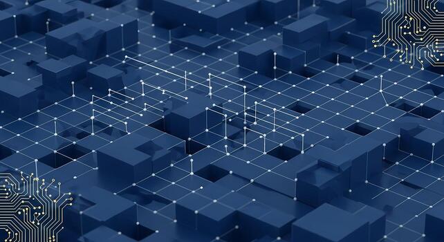 Abstract Digital Network Grid with Circuit Board Elements, Futuristic Blue Data Connections, system photo