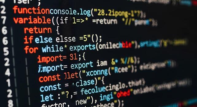 de cerca Disparo de vistoso código en un oscuro pantalla, programación y software desarrollo, Internet foto
