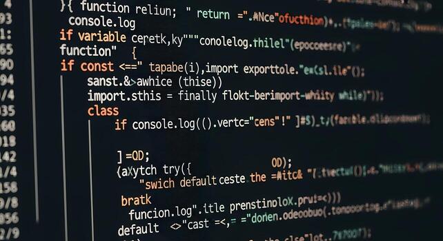 Close-up of glowing computer code on a dark screen, programming and software development concept, information photo