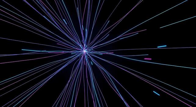 Abstract Exploding Starburst of Neon Light Trails on Black Background, science photo