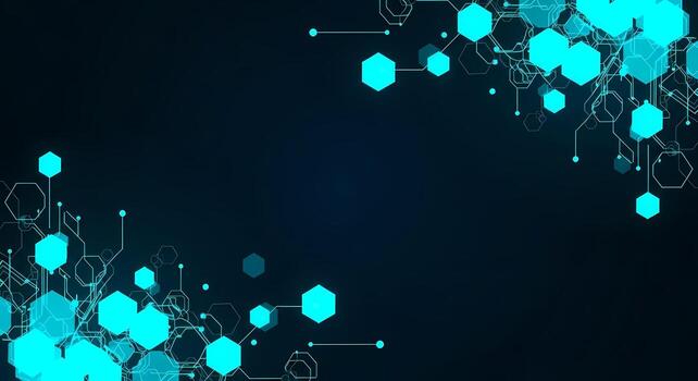 Abstract Digital Network Background with Glowing Cyan Hexagons and Lines on Dark Blue photo