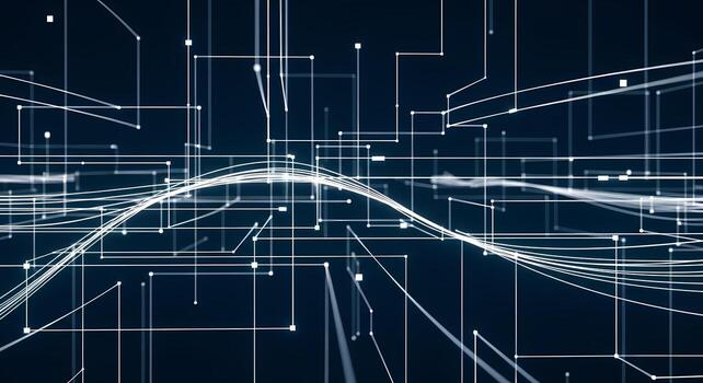 Abstract Digital Network Grid with Flowing Data Lines on Dark Blue Background Modern Technology Concept photo