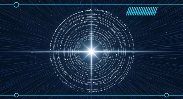 Abstract Futuristic Starburst Vortex Tunnel with Glowing Orbiting Particles and Data Stream photo