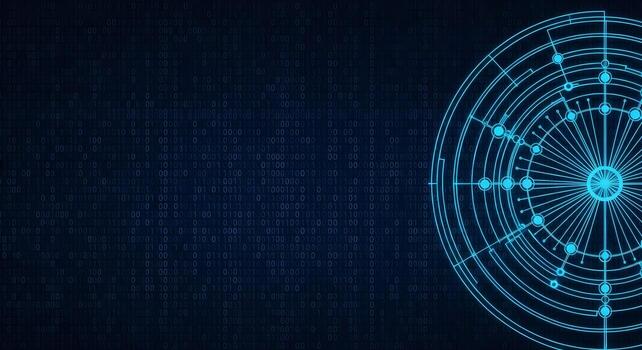 Futuristic Blue Digital Radar System with Binary Code Background Technology Innovation Concept photo