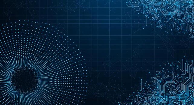 Abstract Blue Futuristic Digital Network Background with Circuit Board and Data Dots photo