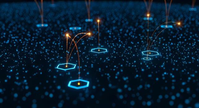 Abstract Digital Network Hubs Connecting with Oranges Beams and Particles photo