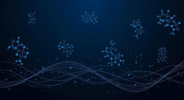 Abstract Blue Molecular Structures Floating with Digital Waves on Dark Nebula Background photo