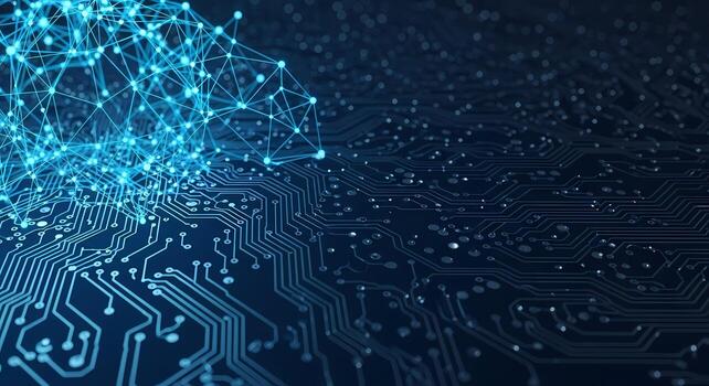 Abstract Neural Network Emerges from Digital Circuit Board Futuristic Technology and AI Concept photo