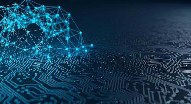 Abstract Blue Neural Network Overlaying Futuristic Circuit Board Technology AI Data Science Concept photo