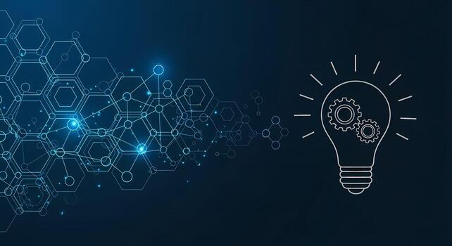 Digital Innovation and Insight Abstract Network Design with Bright Lightbulb Idea Gears and Hexagons Technology Concept photo