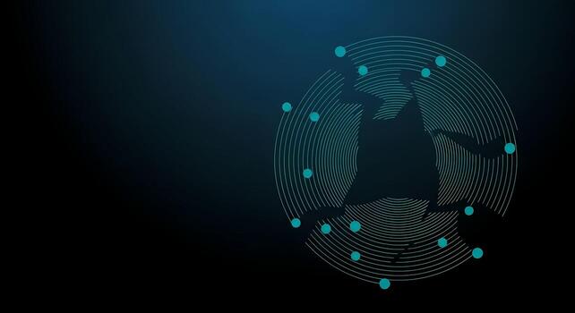 Abstract Digital Network Connections Silhouette in a Circular Data Flow with Glowing Nodes on Dark Blue Background photo