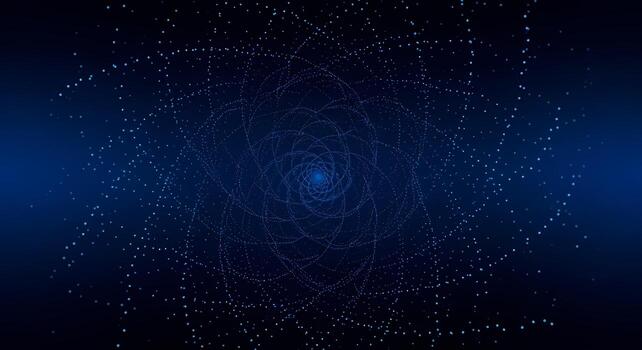 Abstract Geometric Pattern of Glowing Dots and Swirling Lines in Deep Space photo