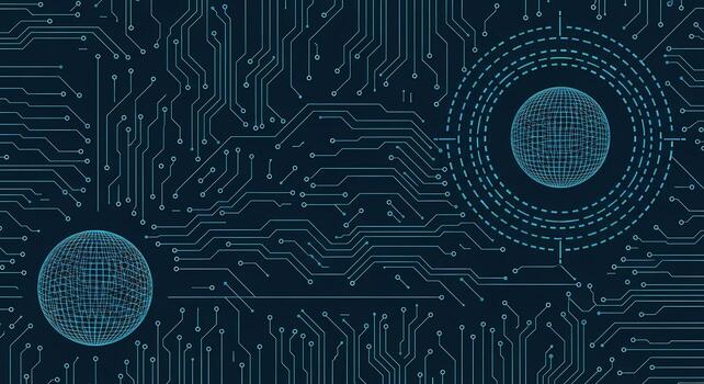 Futuristic Digital Circuit Board with Global Network Connection and Data Flow photo