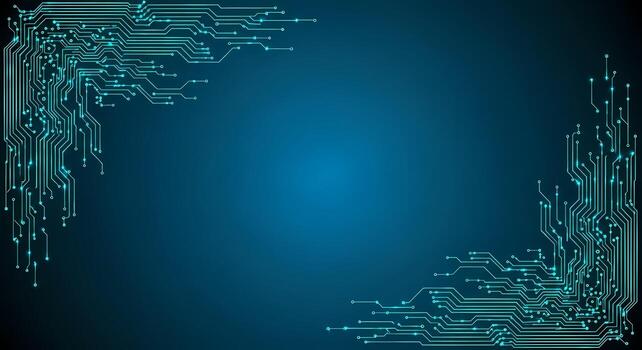Futuristic Blue Circuit Board Technology Background with Glowing Lines and Nodes Digital Data Flow photo