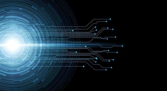 Futuristic Blue Digital Circuit Board Loop Tunnel with Light Trails and Data Flow photo