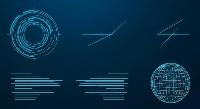 Futuristic Blue Digital UI Elements Globe Target Graphs Data Lines on Dark Background photo