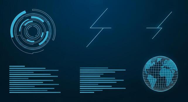 Futuristic HUD Interface Elements Global Network Data Analytics Energy Symbols on Dark Blue Background High Tech Digital Display photo