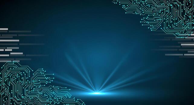 Futuristic Blue Circuit Board Background with Glowing Lights and Digital Data Streams High Tech Technology Concept photo