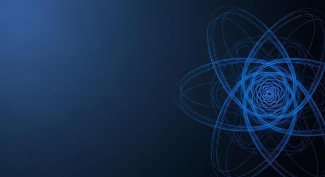 Abstract glowing blue fractal atom orbits on a dark blue gradient background representing technology science and complex systems photo