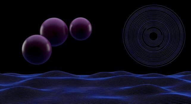 Abstract 3D Rendering of Futuristic Spheres Floating Above a Digital Wavy Landscape with Concentric Circles photo