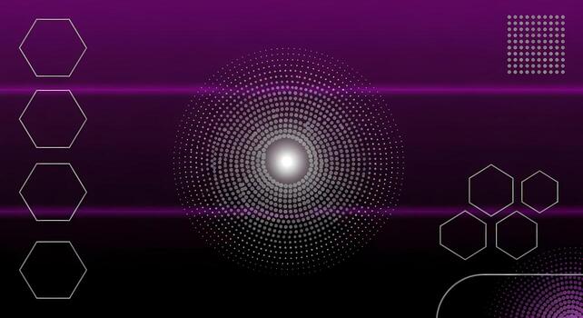 Abstract Futuristic Hexagon and Dot Pattern Background in Purple and Black with Glowing Lens Flare Technology and Science Concept photo