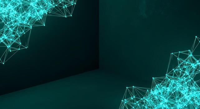Abstract Network Structure of Glowing Cyan Nodes Connected by Lines on Dark Teal Background Futuristic Technology Concept photo