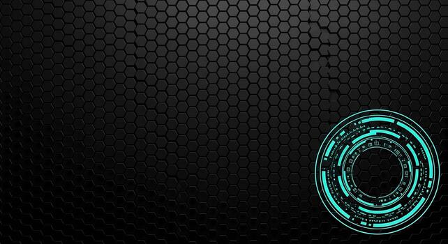 Futuristic Neon Blue HUD Interface Circle on a Black Hexagonal Grid Background High Tech Abstract Design photo