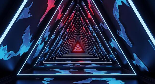 Futuristic Neon Triangle Tunnel with Abstract Blue and Red Flames Abstract Design Infinite Geometric Loop Animation Background photo