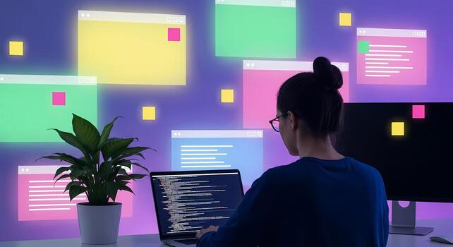 Woman Programmer Working On Laptop Surrounded By Colorful Code Windows Digital Abstract Concept photo