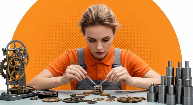 Skilled Young Woman Technician Intently Assembling Miniature Clockwork Mechanism with Precision Tools Gears and Components Scattered on Workshop Table photo