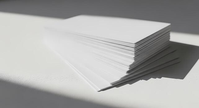 Stack of Blank White Paper Sheets on a Table with Natural Light and Shadows Ready for Printing or Design photo
