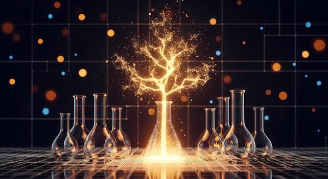 Glowing Digital Tree Sprouts from Flask in Futuristic Lab Science Technology Concept photo
