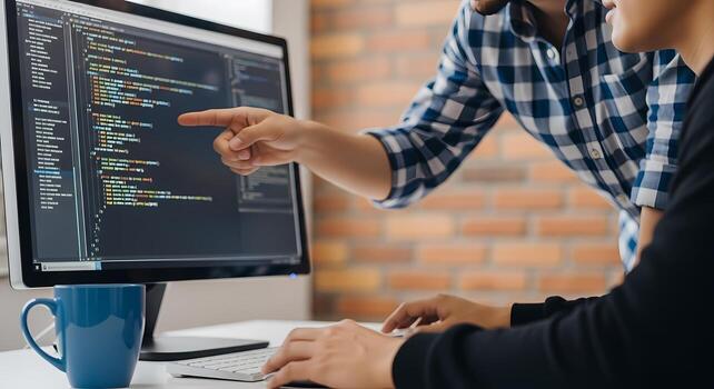 equipo colaboración programadores codificación juntos en computadora pantalla con azul jarra trabajo en equipo en software desarrollo foto