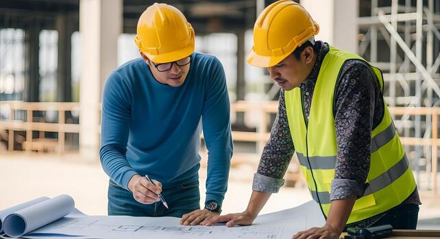 Construction workers in hard hats collaborating on blueprints at a building site engineers discussing plans for a new project photo