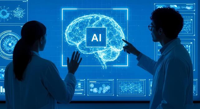 Artificial Intelligence Innovation Scientists Analyze Digital Brain Network on Futuristic Touchscreen Device photo