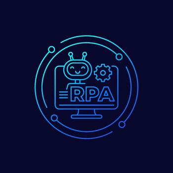 RPA icon with a robot, Robotic process automation, linear design vector