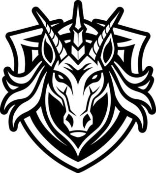 The unicorn head is in the middle of a shield vector