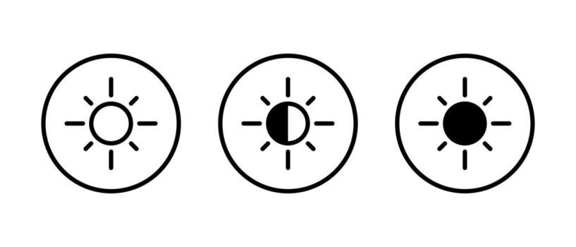 Brightness sun icon set in circular outline. Light and dark mode display symbol vector