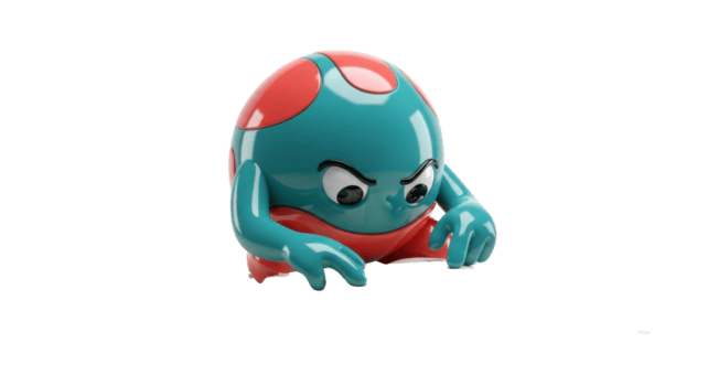 Vibrant 3D cartoon character with an angry and determined expression, rendered in teal and red, depicted in a dynamic crouching pose, suitable for game design or animation png